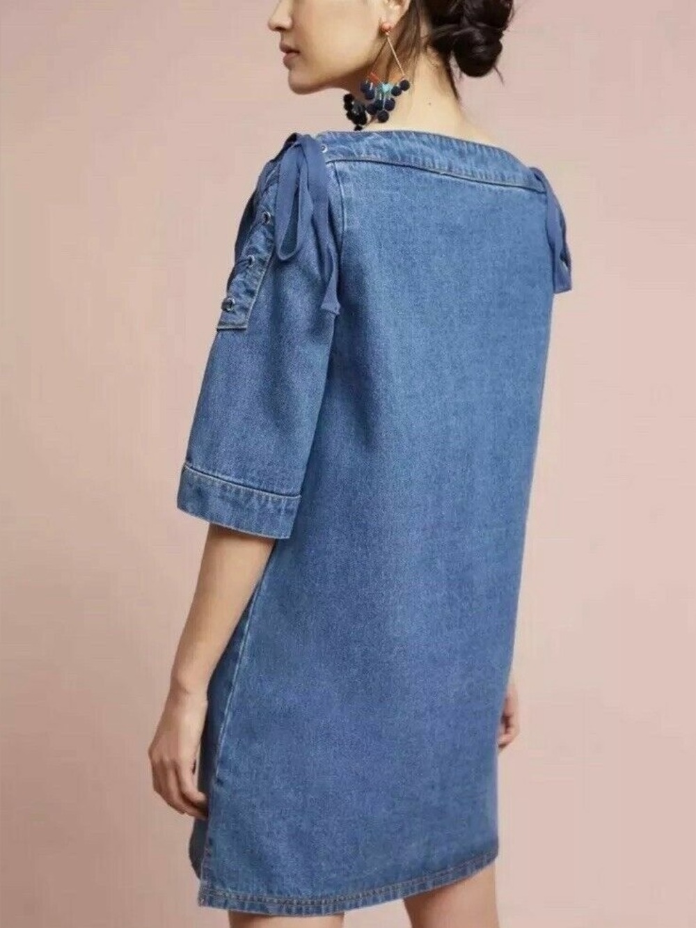 Maeve Blue Denim Shift Dress with Tie-Shoulder Detail - Picture 2 of 8